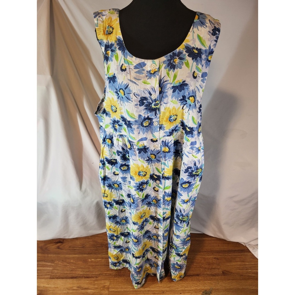 Vintage Lauren‎ Brooke 100% Cotton Size XL Blue Floral Sleeveless Dress